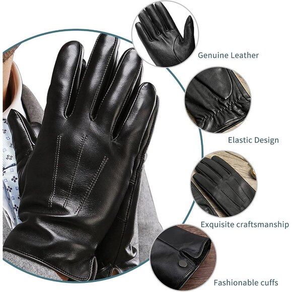 Mens Black-1 Luxury Italian Sheepskin Fleece Lining Leather Dress Driving Gloves - Picture 4 of 7